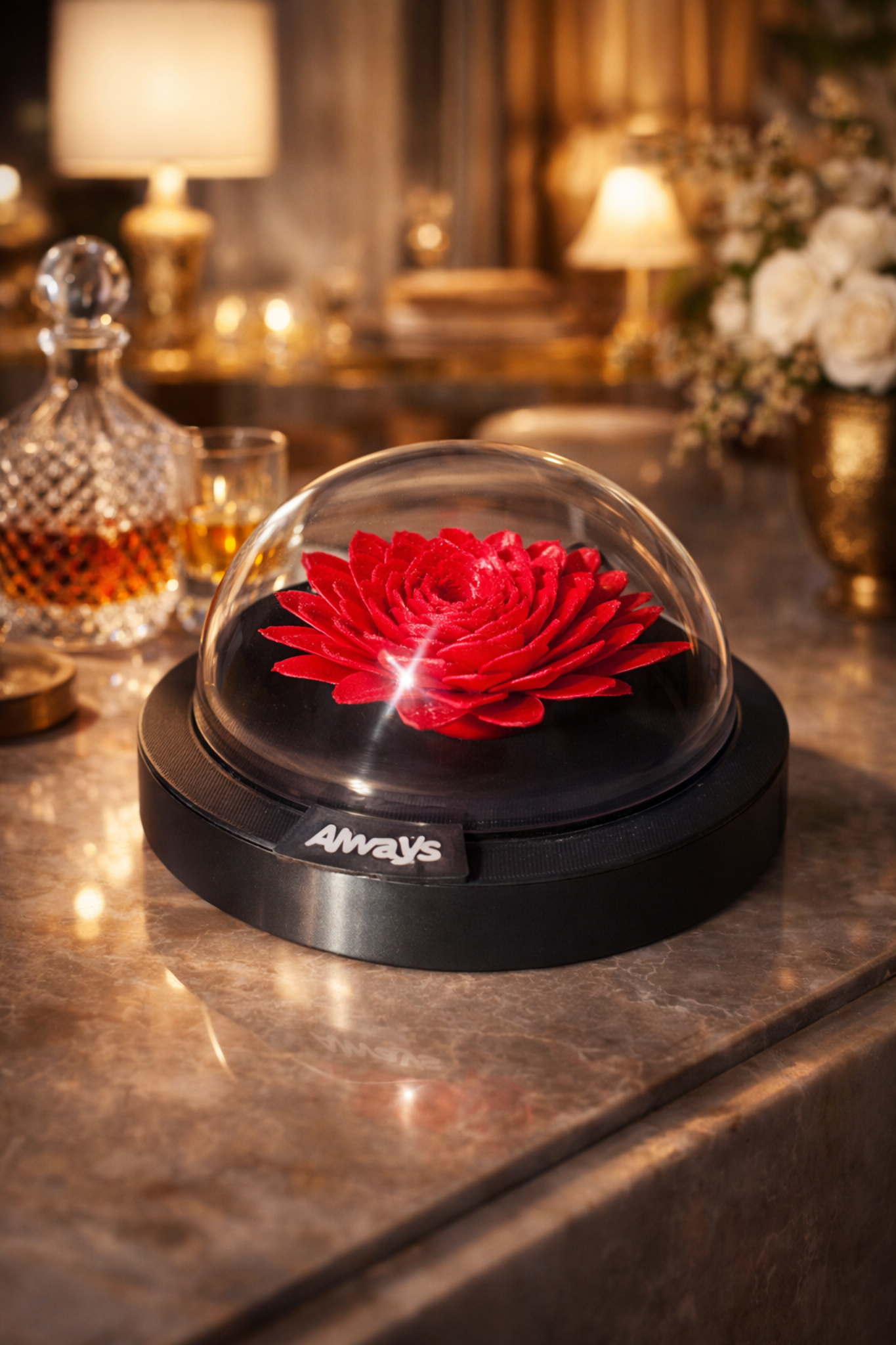 Flower under a dome, black base with "Always" sign, choice of PLA camellia or dark red rose, decorative gift - alternate view