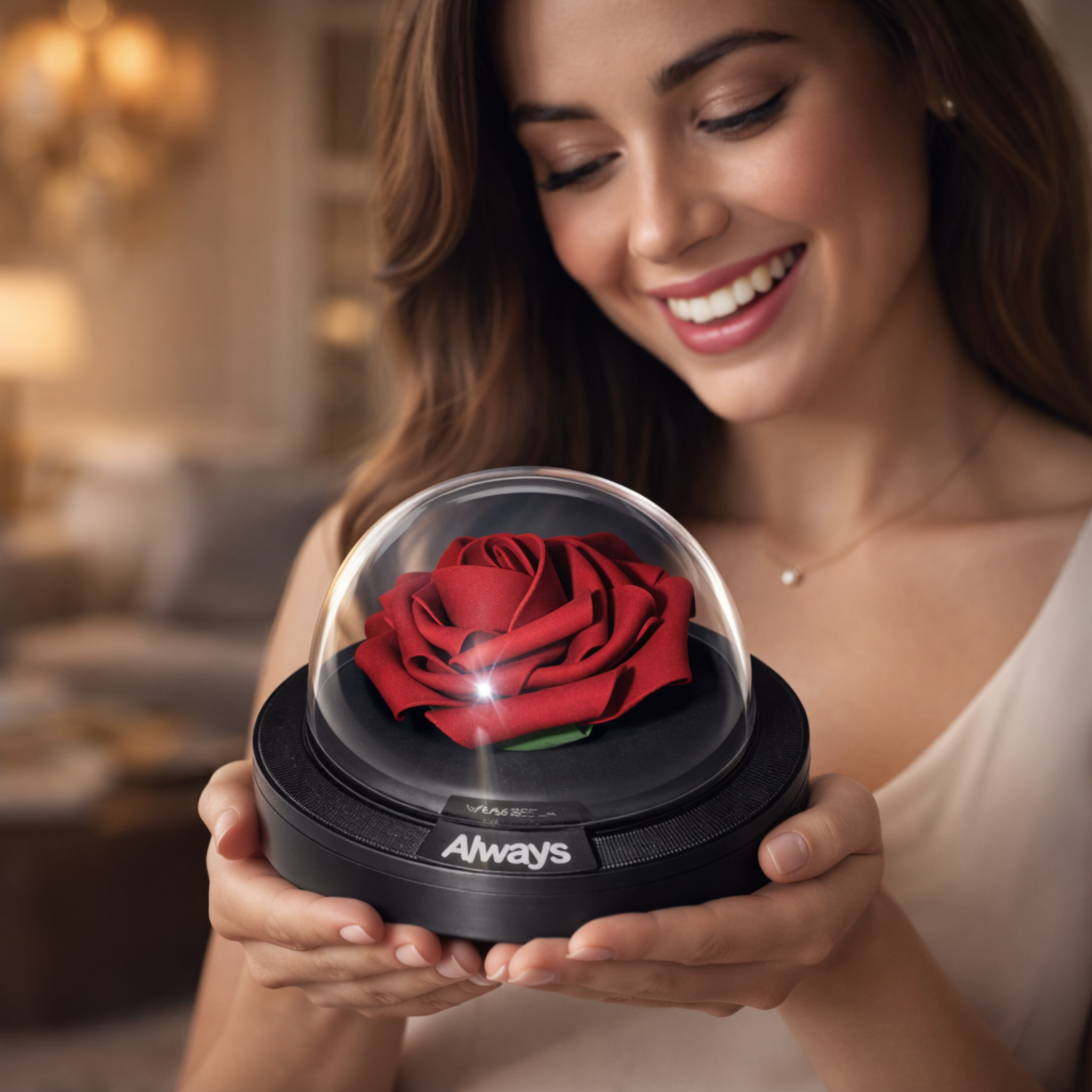 Flower under a dome, black base with "Always" sign, choice of PLA camellia or dark red rose, decorative gift